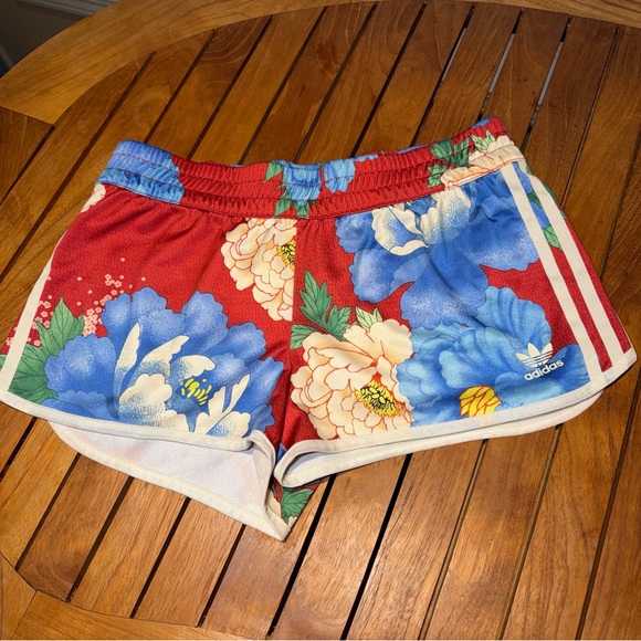 adidas Pants - adidas Red Floral Athletic Shorts with Blue and Cream Flowers